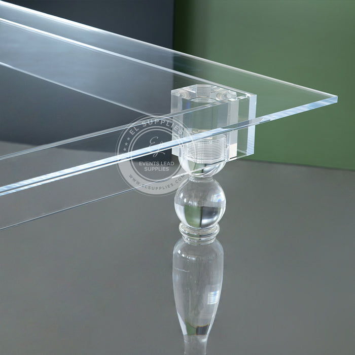 8-foot CLARITY clear acrylic dining table, transparent design perfect for small spaces