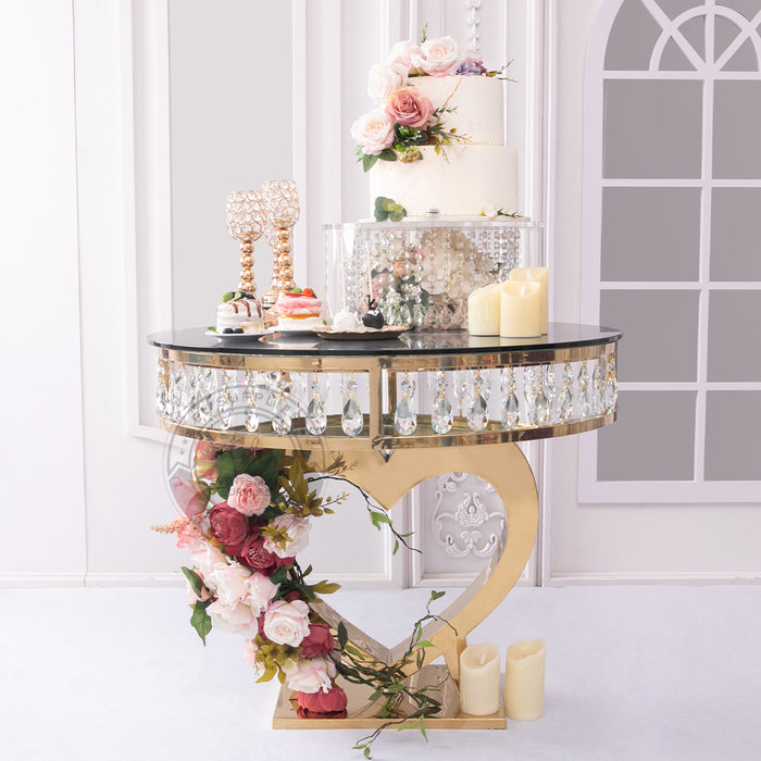 Gemma Hathor heart-shaped cake table with crystal-lined stainless steel base luxury wedding cake display