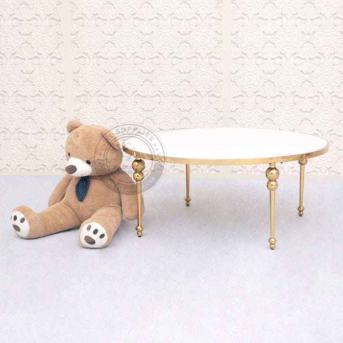 Glossy gold stainless steel kids dining table, white acrylic round top, 19 in height