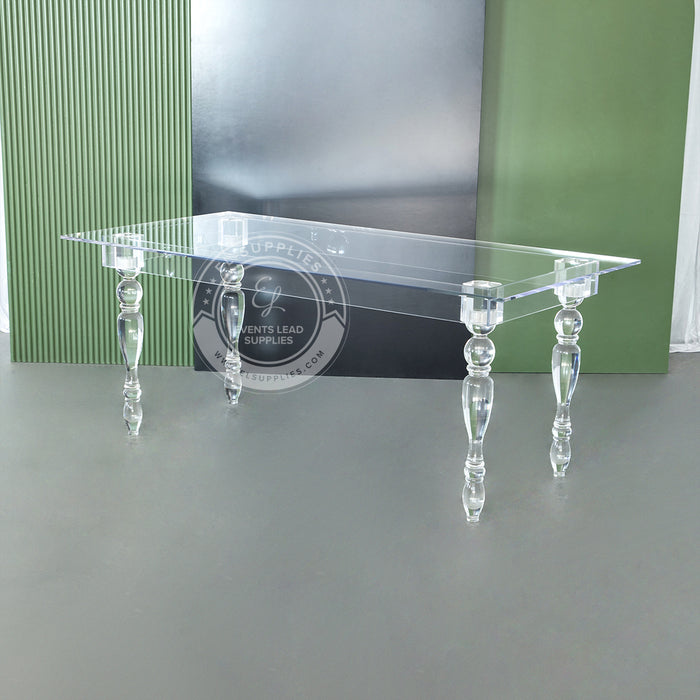 Clear ghost acrylic dining table with screw-in legs, no tools required