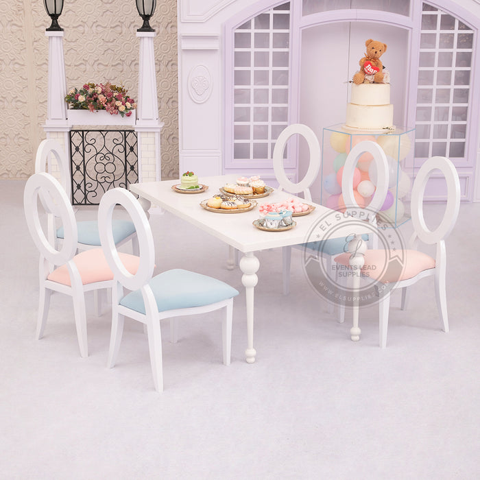 Rectangular kids party table with white acrylic top, stainless steel legs, seats 6-8 children