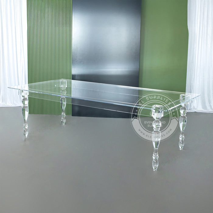 Nearly 8-ft clear acrylic dining table (94×47×30 in), ideal for VIP or wedding settings
