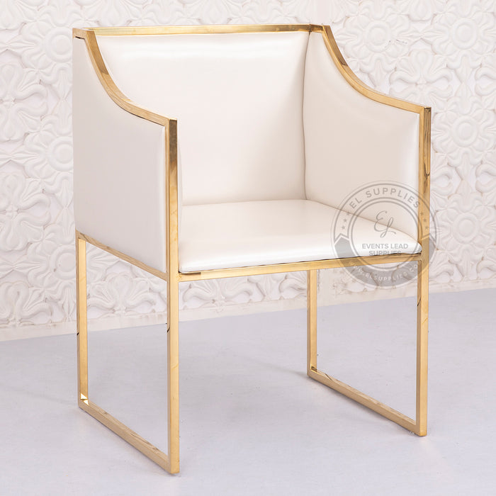 Gold polished reflective frame accent chair with white pearly cushion, suitable for weddings or VIP seating