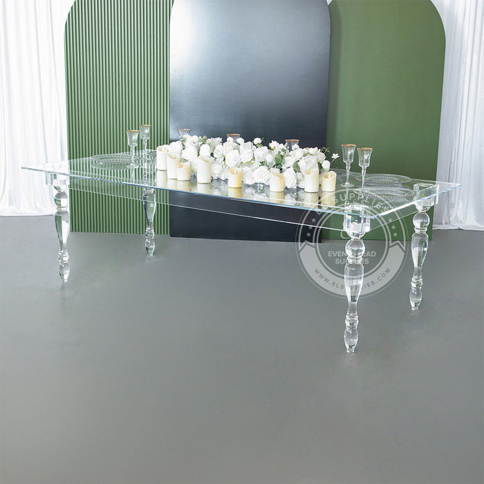 CLARITY clear ghost acrylic dining table 8-foot, tool-free assembly, no screws required
