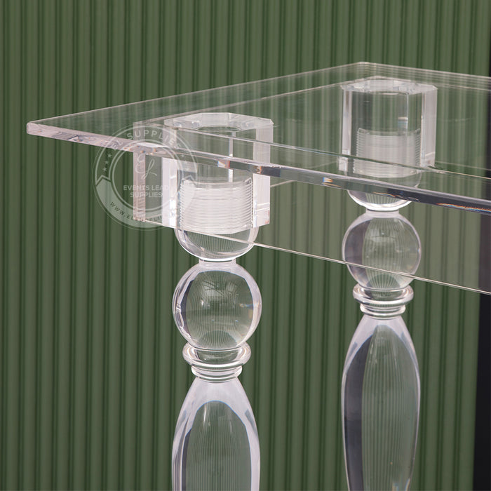 CLARITY Clear Ghost Acrylic Bar Table - 6 Foot leg close-up