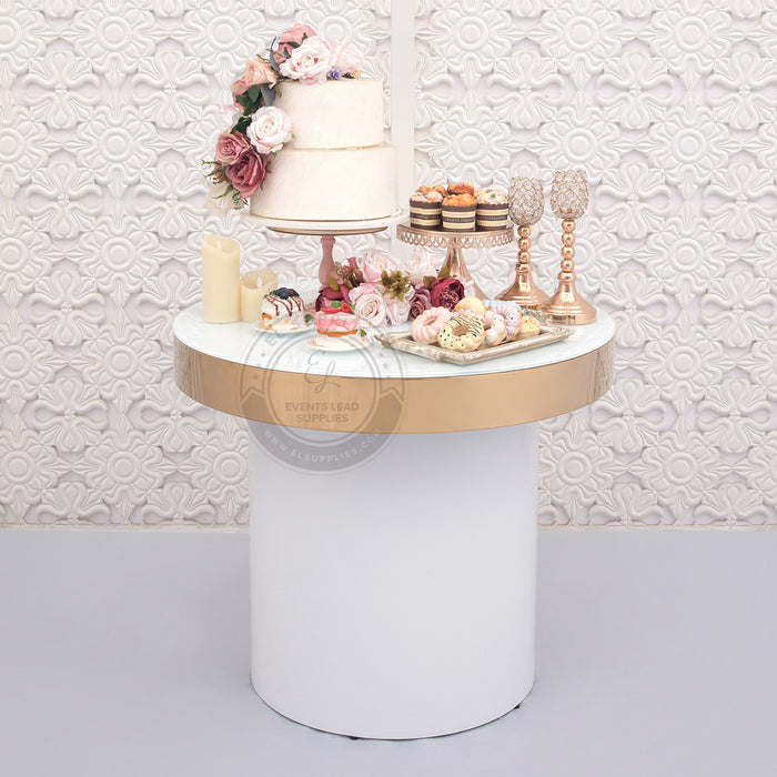 LUMENATION White Cake Table - Gold Trim & Glass Top